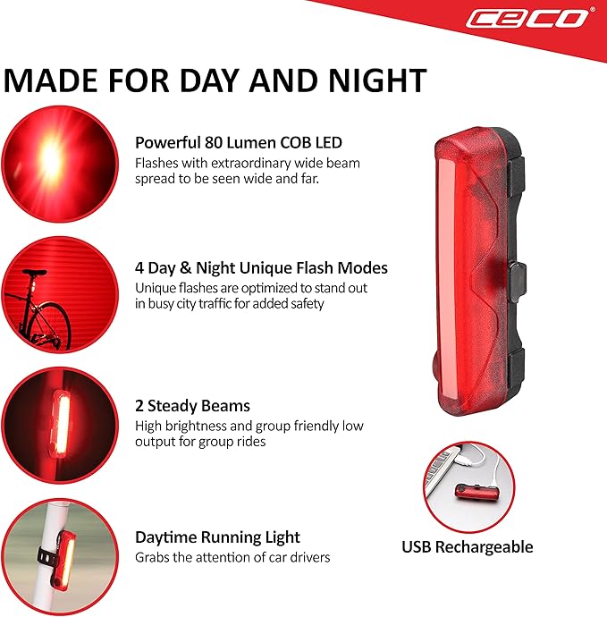 CECO-USA: 80 Lumen USB Rechargeable Bike Tail Light - Super Wide & Bright Model TC80 Bicycle Rear Light - IP67 Waterproof, FL-1 Impact Resistant - COB LED Red Safety Light - Pro Grade Bike Tail Light