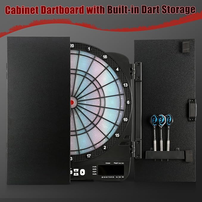 Electronic Dart Board Cabinet Set, Illuminated Target Dartboard for Adults Kids, 48 Games with 315 Variations Soft Tip Digital Dartboard Cabinets with 6 Darts, 100PCS Soft Tips
