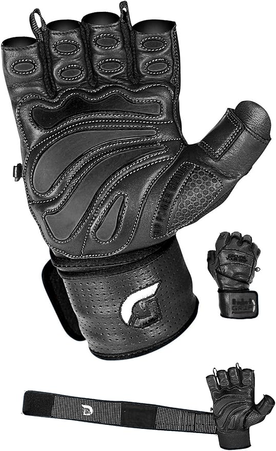 Elite Leather Gym Gloves with Built in 2" Wide Wrist Wraps Grip & Design for Weightlifting Power Lifting Bodybuilding & Strength Training Workout Exercises