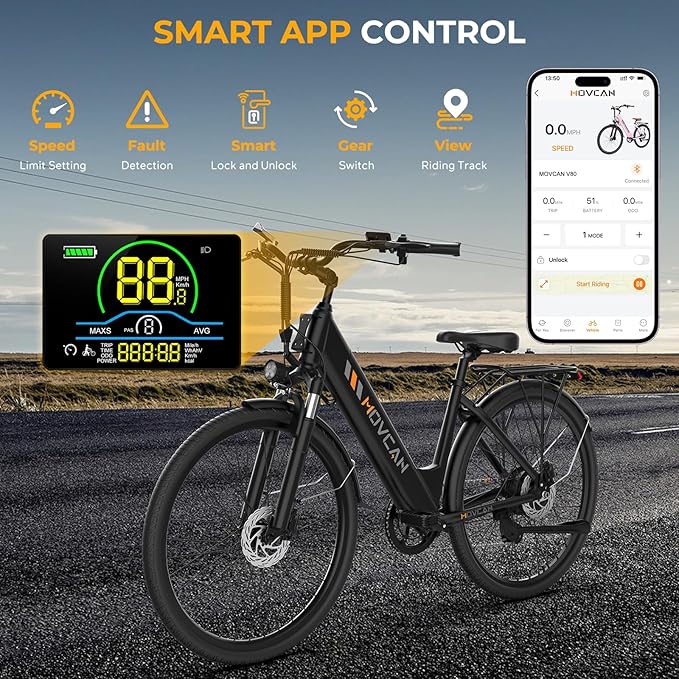 V80 Electric Bike, 1000W Motor 28MPH Ebike, 48V 13Ah Removeable Battery, 26'' City Cruiser Adult Electric Bicycles up to 70 Miles