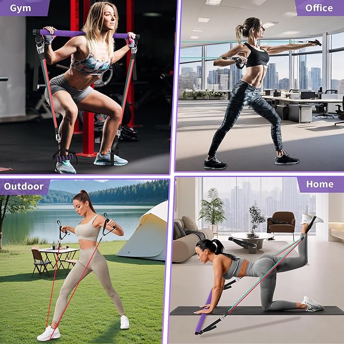 Portable Pilates Bar Kit with Resistance Bands for Men and Women - 3 Set Exercise Resistance Bands - Multifunctional Home Gym - Supports Full-Body Workouts – with Fitness Poster and Video