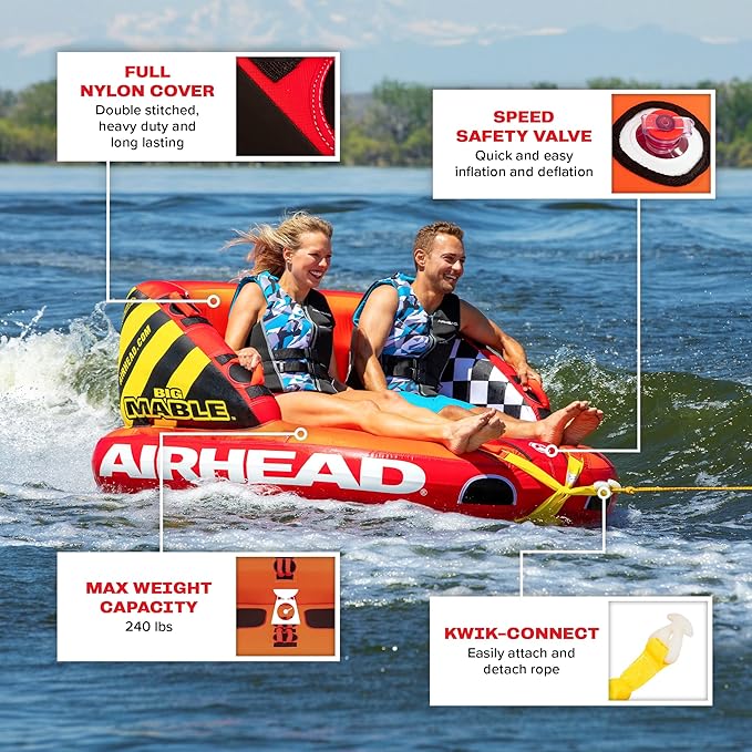 Airhead Mable Inflatable Towable Tube, 1-4 Rider Models, Dual Tow Points, Full Nylon Cover, EVA Foam Pads, Patented Speed Valve, Boat Tubes and Towables