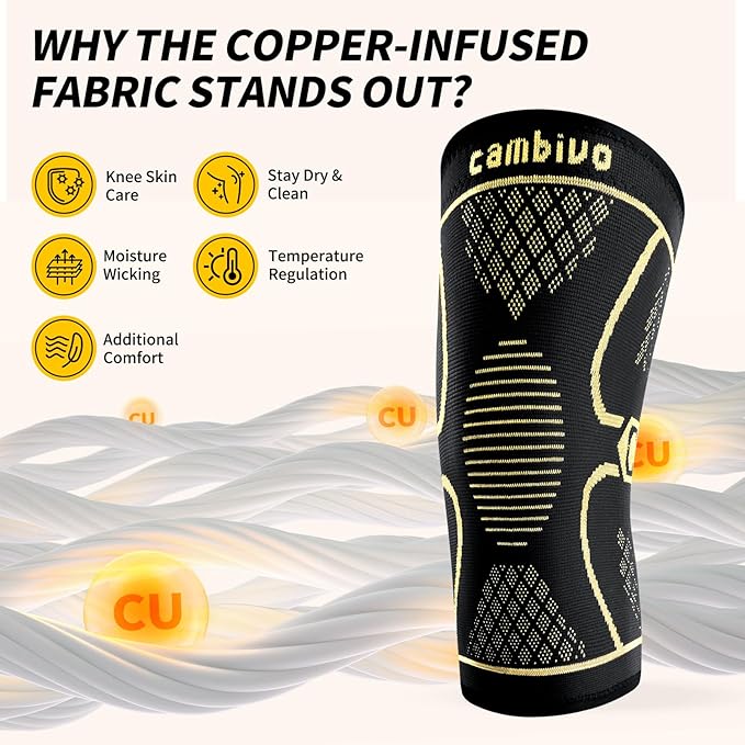 CAMBIVO Copper Knee Braces for Men and Women (2 pack) -Knee Supports Copper Compression Knee Sleeve for Knee Pain, Arthritis, Sports and Recovery Support