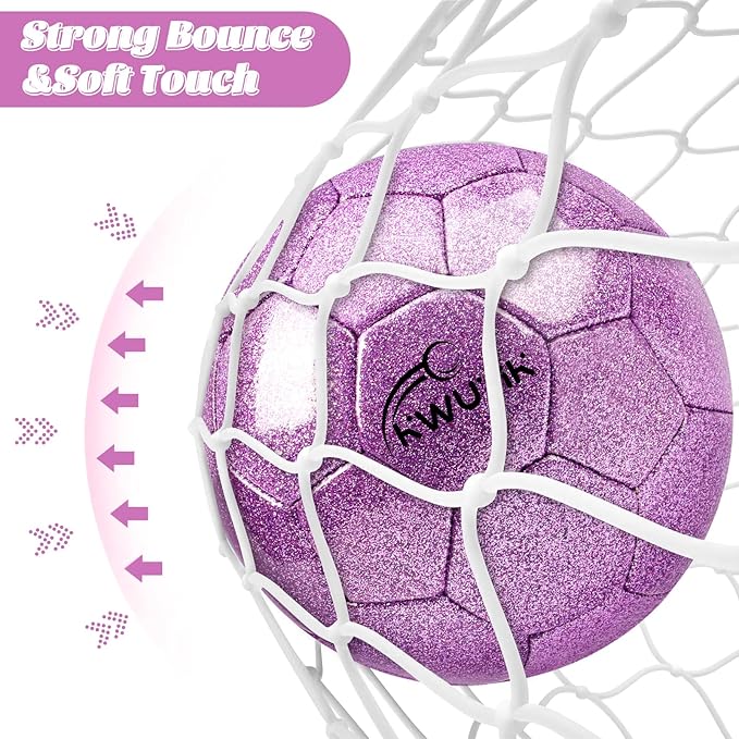 Size 3 4 5 Glitter Pink Gold Purple Soccer Ball Set with Pump Youth Soccer Ball for Kids Aged 4-6 6-8 8-12 Toddler Soccer Ball Soft Training Ball Practice for Teens Children Adults Boys Girls