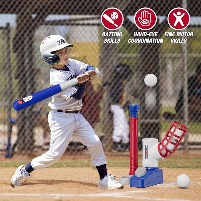 Tball Set for Toddlers 3-5, Tee Ball Set with Step on Pitching Machine/Adjustable Batting Tee/Retractable Baseball Bat/8 Pop Up Balls, Outdoor Sport Toy Games for Kids Boys