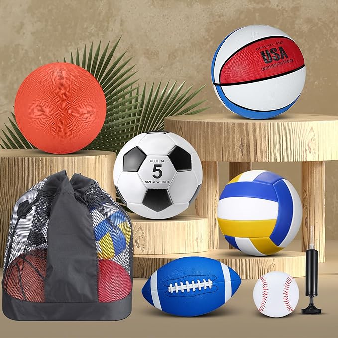Libima 6 Pcs Multi Sport Ball Set Official Size Football, Basketball, Soccer, Volleyball, Playground Ball, Baseball with Sports Equipment Bag Pump for Teen Adult Back to School