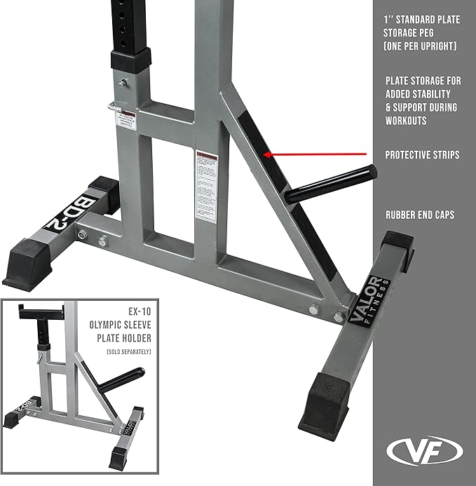 Valor Fitness Independent Squat and Bench Press Stands – Adjustable Uprights with J-Hooks, Bar Catches, Safety Arms, and Plate Storage – Strength Training Rack for Home Gym Workouts