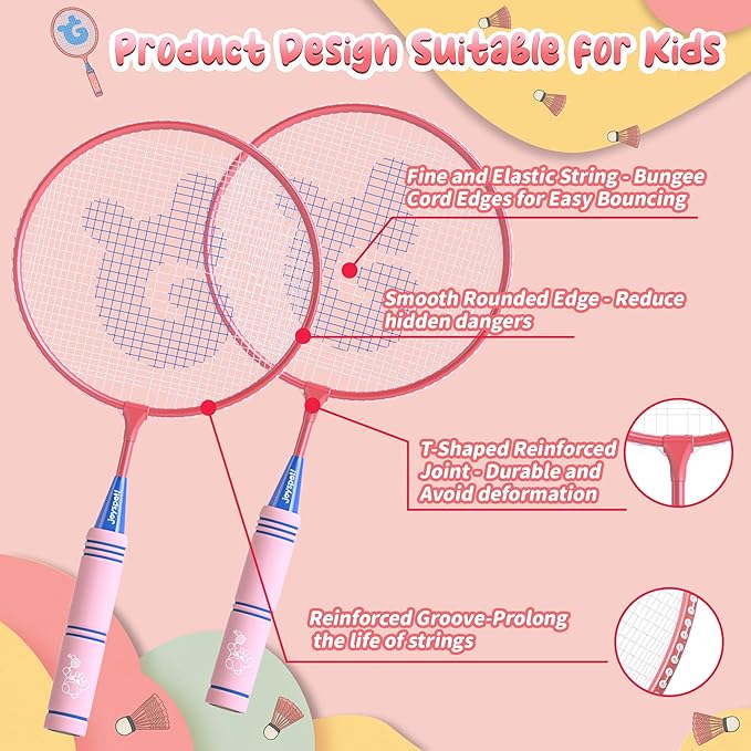 JOY SPOT! Kids Badminton Rackets Set with Soft Grip, Oversize & Lightweight Shuttlecocks Racquet with Carry Bag for Children Youth, 2 Player Sport Game for Indoor Outdoor Backyard