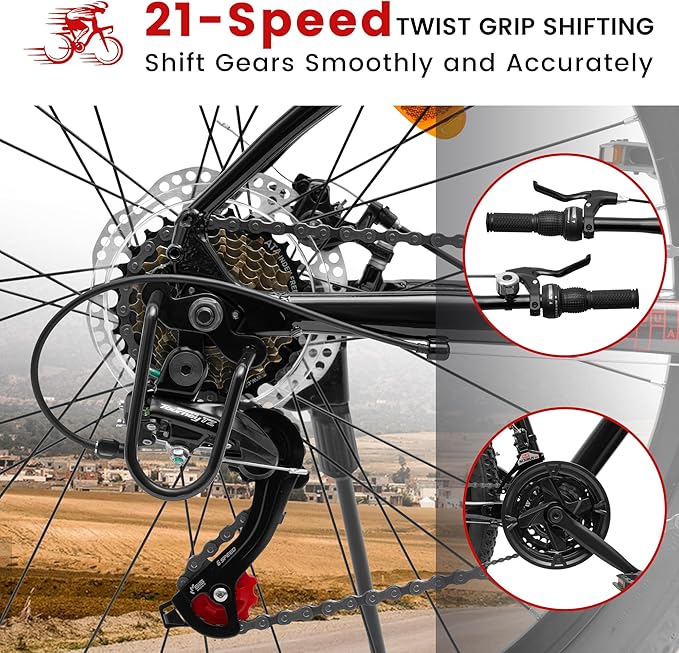 Mountain Bike 24 26 Inch, 21 Speeds Aluminum Frame/High-Carbon Steel Frame, Front Suspension Boys Girls Sport Bike, Adult Teens Bicycle for City Commuters, Summer Ride and Short Trip Camping