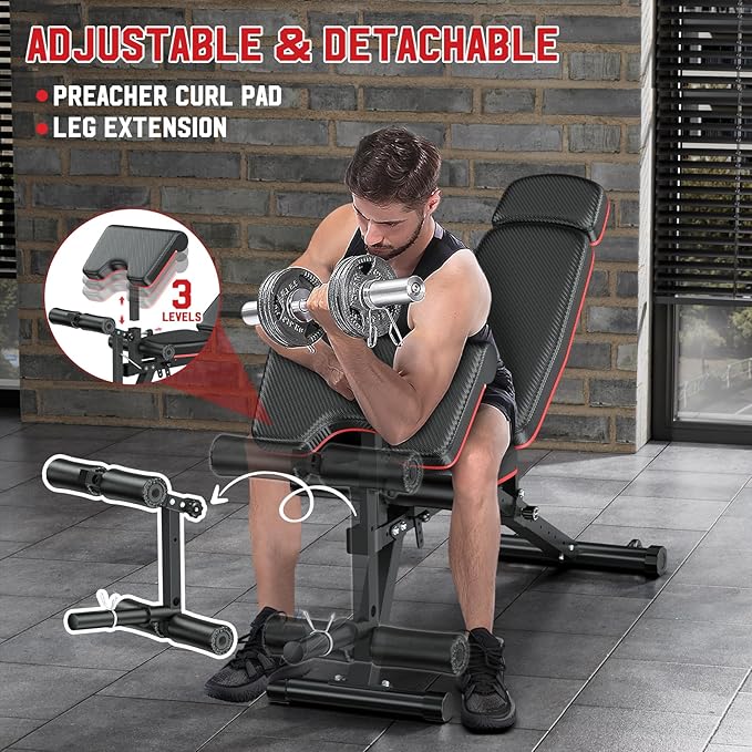 XDDIAS Workout Bench, Adjustable Weight Bench with Leg Extension and Leg Curl, Extended Headrest, 900LBS Preacher Curl Bench Incline Decline Flat Workout Bench for Home Gym Full Body Exercise