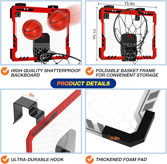 ropoda Indoor Basketball Hoop, Mini Hoop with Remote Controll, 7 LED Lights, 3 Modes Scoreboard, Mini Hoop with 4 Balls Over The Door, Basketball Hoop Indoor, Toys Gifts for Kids Adults