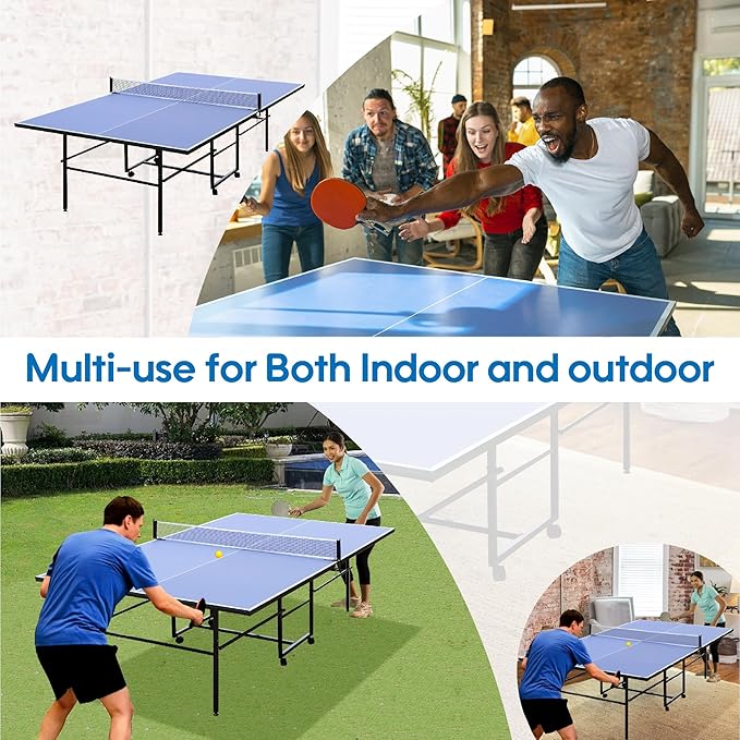 9FT Mid-Size Table Tennis Table, Professional Foldable Ping Pong Table for Indoor & Outdoor with Net, 2 Table Tennis Paddles and 3 Balls - Perfect for Family Game Rooms