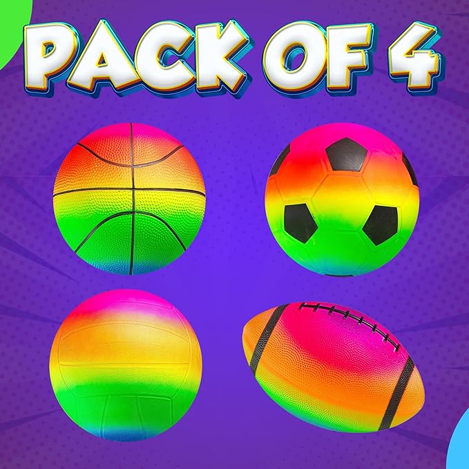 Rainbow Sports Balls for Kids & Toddlers - (Pack of 4) 8.5-Inch Neon Sport Ball Set Includes Football, Soccer, Basketball, & Playground Balls, Inflatable Indoor & Outdoor Fun Toys - Birthday Gift