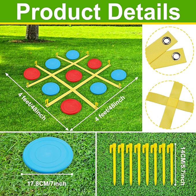 Giant Tic Tac Toe Outdoor Game, 4 Ft X 4 Ft Large Tic Tac Toe Strap Game Outdoor with 10PCS Soft Flying Disc for Kids and Adults to Play Outdoors, Beach, and Park