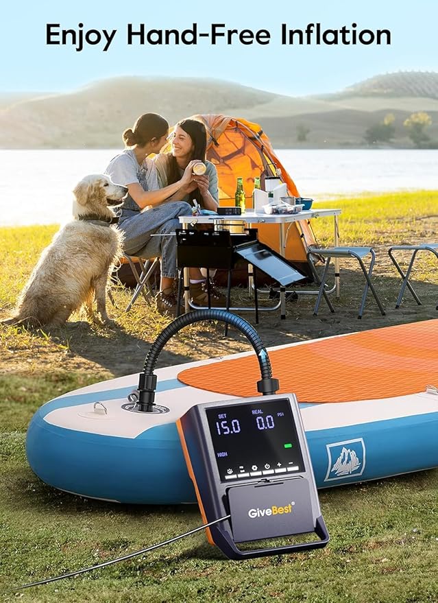 GiveBest Rechargeable Paddle Board Pump, 20 PSI High Pressure and 30% Faster Dual Stage SUP Air Pump with Auto-Off, 3x4500MAH, Inflation and Deflation Function for Paddle Boards, Boats, Kayak and Tent