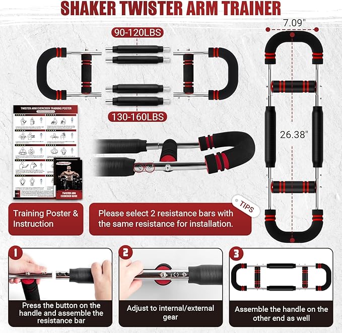 Twister Arm Trainer, Adjustable Twister Arm Chest Exerciser with 2/4 Spring & Training Poster for Men & Women, Detachable Power Twister Home Fitness Equipment for Enhancing Upper Body Muscle