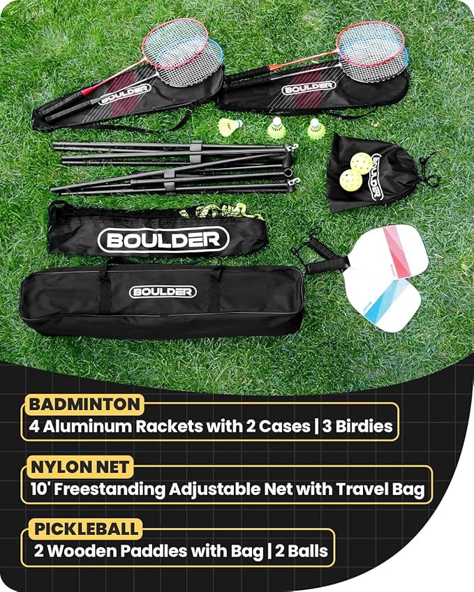Boulder Sports All-in-One Pickleball & Badminton Set - Portable, Adjustable Net with Paddles & Rackets