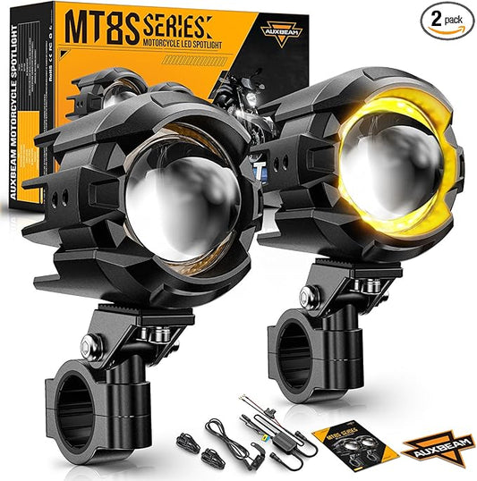 Auxbeam Motorcycle Auxiliary Lights Fog Lights LED Driving Light Spotlight with Halo DRL, White/Amber 8 Modes Dual-Color Strobe LED Offroad Work Lights for Motorcycle SUV ATV Trucks