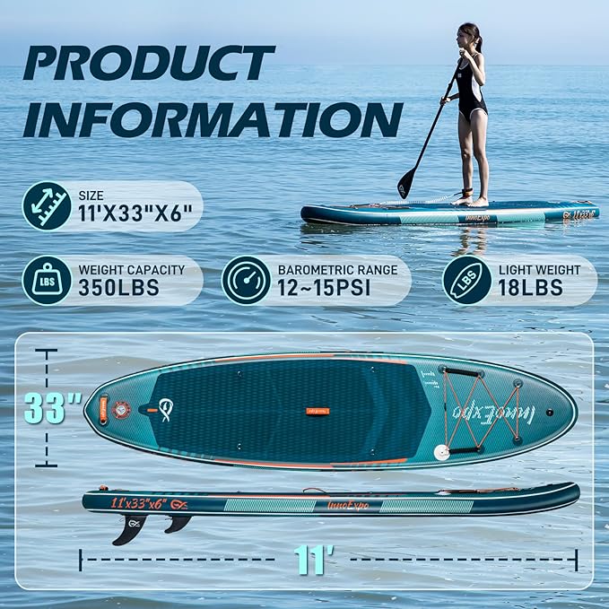 InnoExpo 11' Inflatable Stand Up Paddle Boards with Premium Accessories, Wide Stable SUP Paddle Board Design, Non-Slip Comfort Deck for Youth & Adults