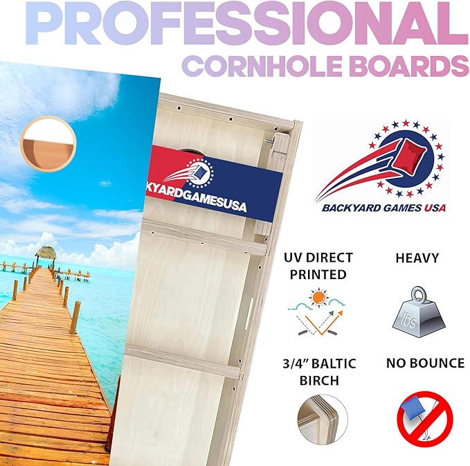 CornholeGamesUSA Pro Cornhole Boards Set | Made in USA | 3/4 Baltic Birch | No Bounce | Triple Thick Legs | Two Brace & Handles, Tournament 2x4 Regulation Set with Score Tower & Cornhole Bags