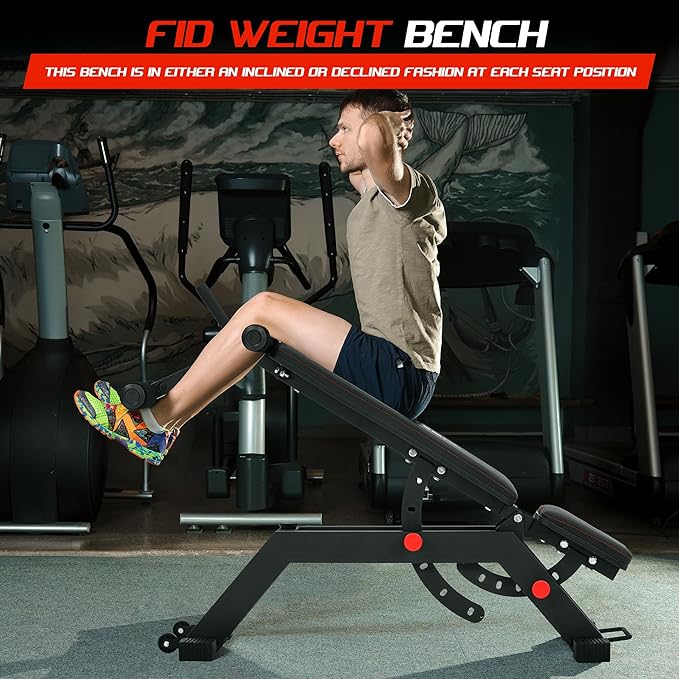 Adjustable Incline Decline Weight Bench for Home Gym, 1000LBS FID Ab Workout Bench with Leg Roller Attachment and Handle for Reverse Crunch, Bench Press, Sit Up and Abs Curl