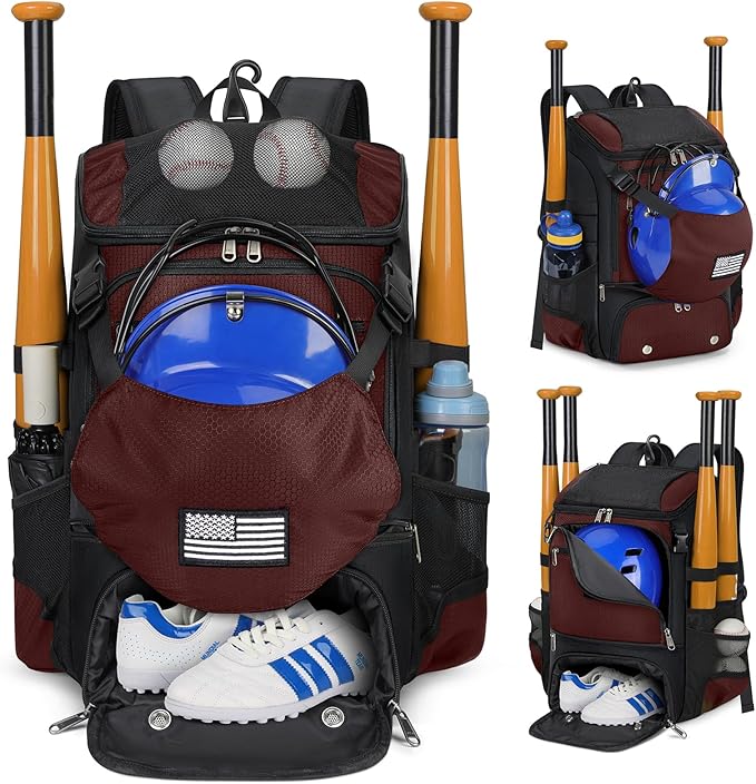 RAINSMORE Baseball Backpack, Lightweight Softball Bag with Shoe Compartment Baseball Bag for Youth & Adult Softball Bat Bag with Fence Hook Helmet Holder Sports Backpack for T-Ball
