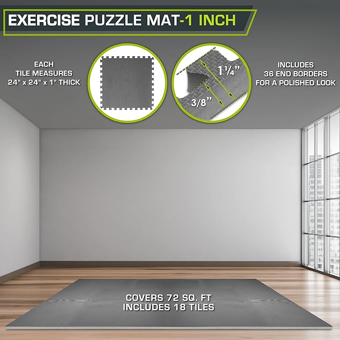 ProsourceFit Extra Thick Puzzle Exercise Mat , EVA Foam Interlocking Tiles for Protective, Cushioned Workout Flooring for Home and Gym Equipment, Grey - 1 inch - 72 Sq Ft - 18 Tiles