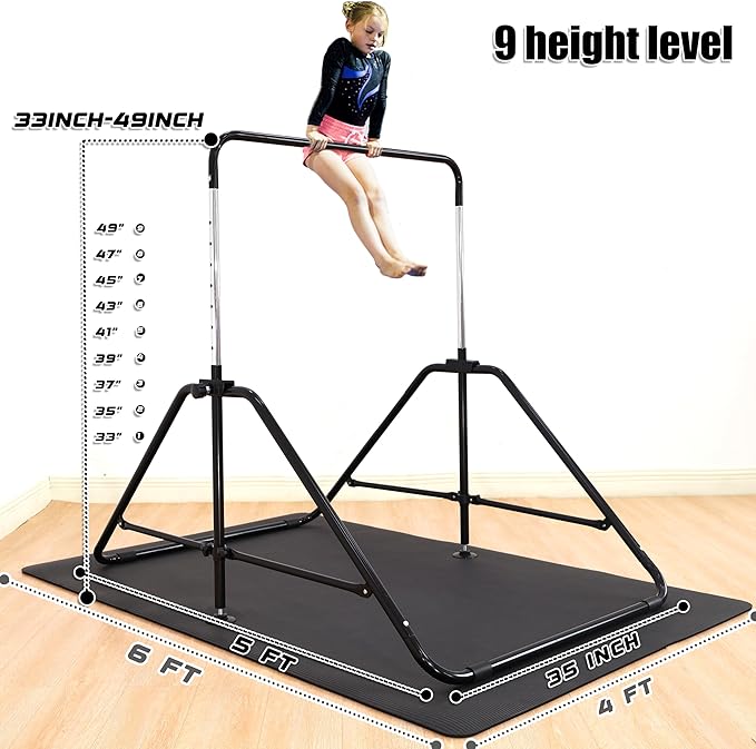 MARFULA Foldable Gymnastic Bar for Kids Ages 3-9, 9 Height Levels, 200 lbs Weight Capacity, 5 Ft Length Gymnastic Kip Bar with Mat, Gymnastic Equipment for Home and Gym Center Indoor Outdoor Use