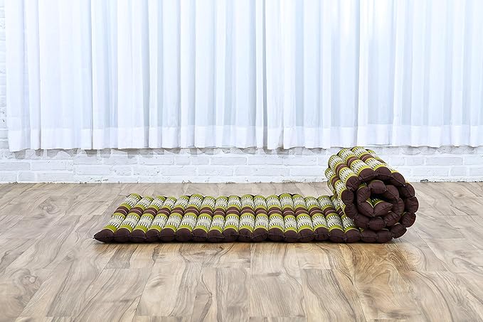 Leewadee - Foldable Floor Mattress - Japanese Roll Up Futon -Trifold Tatami Mat- Guest Floor Bed - Camping Mattress - Thai Massage Mat, Kapok Filled, 75 x 28 inches, Brown Green