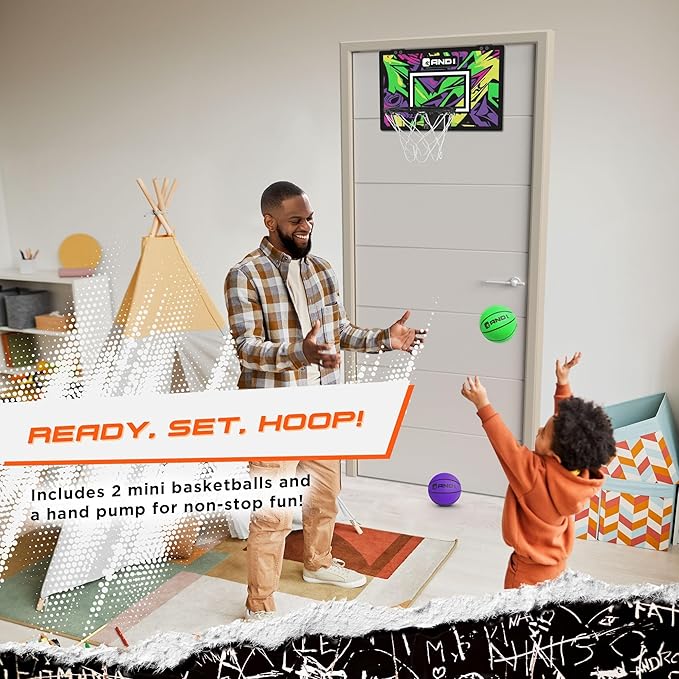 AND1 Over the Door Mini Basketball Hoop: 18x12 Shatterproof Backboard, 2 Mini Basketballs, and Hand Pump Included- Ultimate Indoor Basketball Accessory for Kids and Adults, No Tools Required