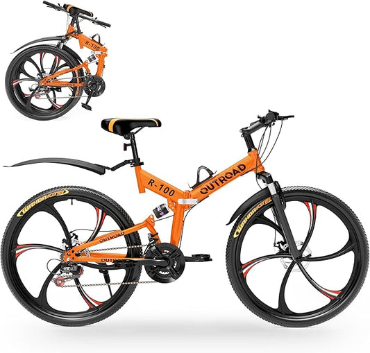 26 ich Folding Mountain Bike, 21 Speed High Carbon Steel Mountain Bike for Adults with 26 Inches Durable Tires, Front Suspension Folding Bicycle for Women and Man