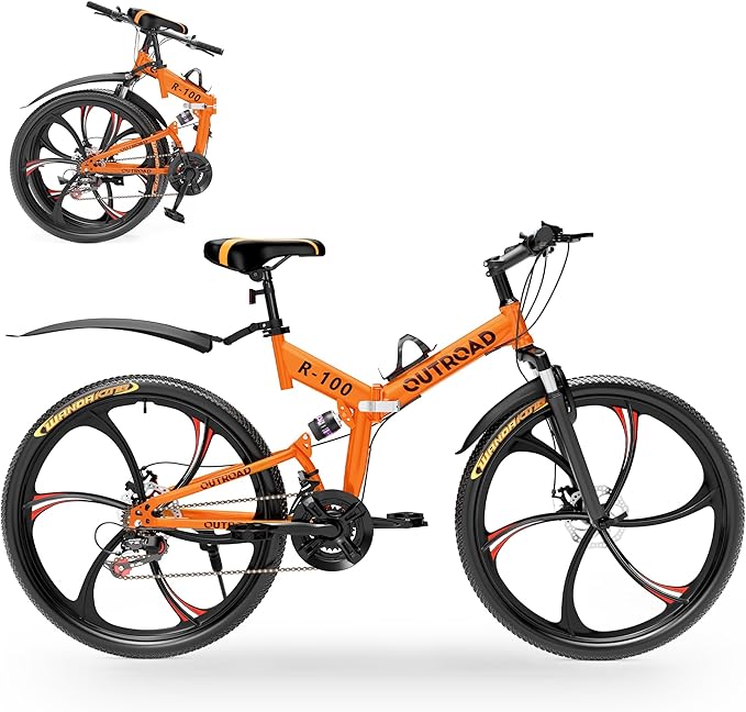 26 Inch Folding Mountain Bike with High Carbon Steel, 21 Speed City Bike with Dual Suspension, Folding Bicycle for Adults Men and Women