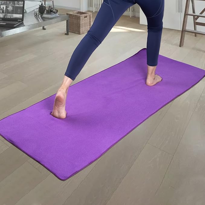 POLYTE Microfiber Hot Yoga Towel Mat with Non-Slip Silicone Grip and Secure Fit Elastic Straps, 24 x 72 in (Purple)