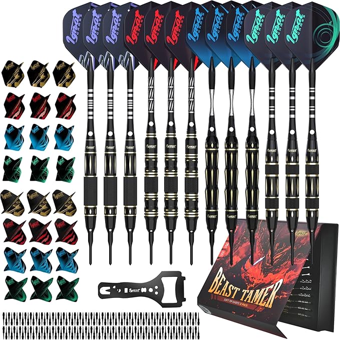 IgnatGames Premium Soft Tip Darts – 6/12 Pack Brass Barrels with Aluminum Shafts, 16 GlideXPro Flight Set, Tool Kit, Giftable Case & 100 Extra Tips