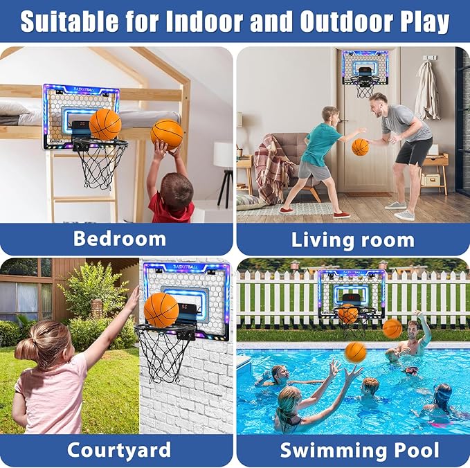 AOKESI Basketball Hoop Indoor for Kids, Mini Basketball Hoop with 3 Balls,Led Light,Batteries & Electronic S Sport Basketball