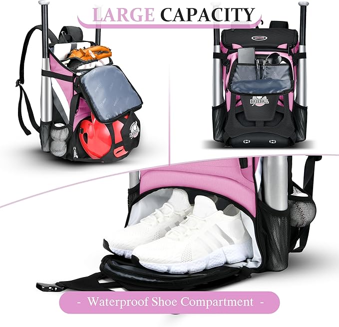 Baseball Backpack for Adult and Youth, Large Capacity Lightweight Softball Bag With Shoe Compartment and Fence Hook for TBall Bat & Equipment, Waterproof for Helmet, Gloves