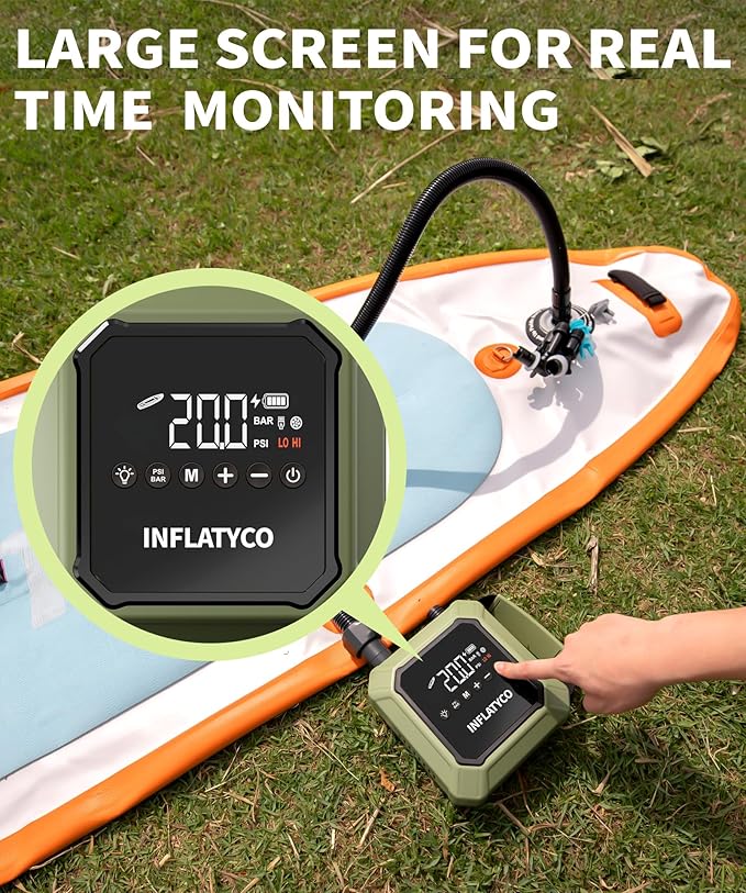 20PSI Paddle Board Pump Electric Portable Sup Air Pump 74WH Rechargeable Battery Powered, The Pilot Whale Pro Inflator & Deflator for Inflatable Stand Up Paddleboard Kayak Boat Kite Tent