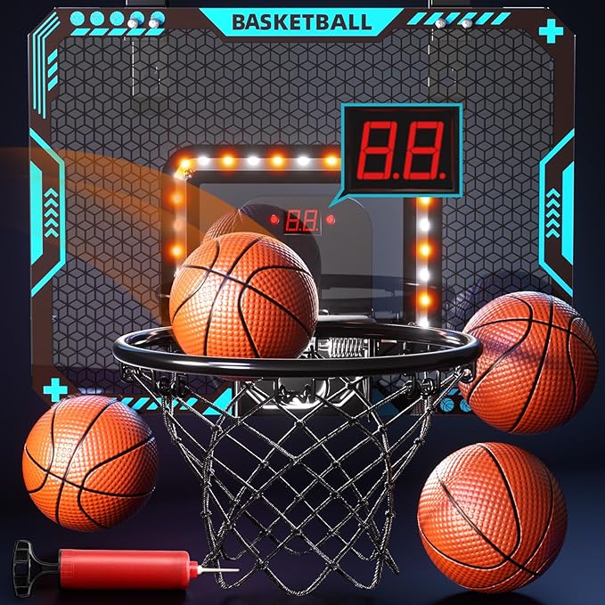 Indoor Mini Basketball Hoop for Boys Kids Aged 5 6 7 8 9 10 11 12+, Over The Door Basketball Hoops with LED Lighting, Electronic Scoreboard, and 4 Balls, Sport Toys Birthday Gift