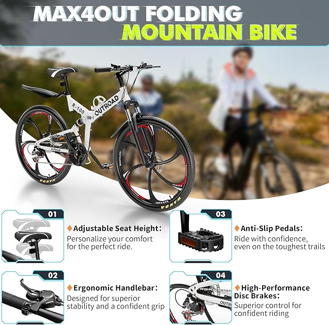 26 inch Folding Mountain Bike, Carbon Steel Frame and 21 Speed, Double Disc Brake and Dual Suspension Folding Bike for Adults/Men/Women, Easy Assembly Bicycle(Black/Green/Orange)