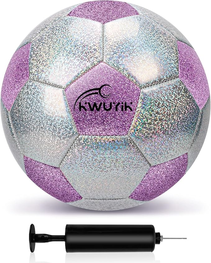 Soccer Ball Size 3 4 5 Glitter Pink Purple Silver with Pump Toddler Soccer Ball for Kids Aged 3-6 6-8 8-12 Outdoor Training Ball for Girls Boys Children Youth Teens