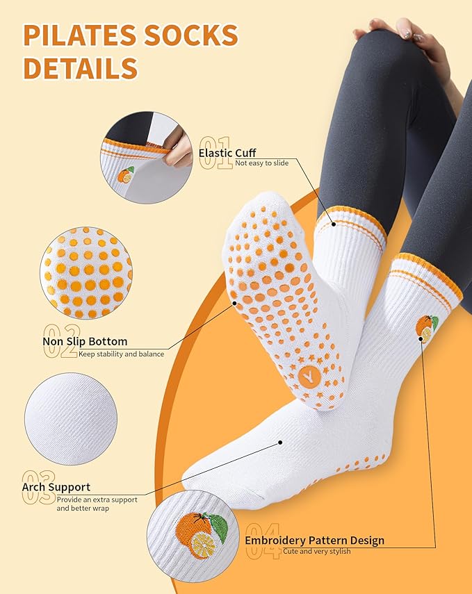 Yawlsow Pilates Grip Socks for Women Yoga Grippy Socks Cute Barre Non Skid Athletic Crew Sticky Sock Workout Hospital
