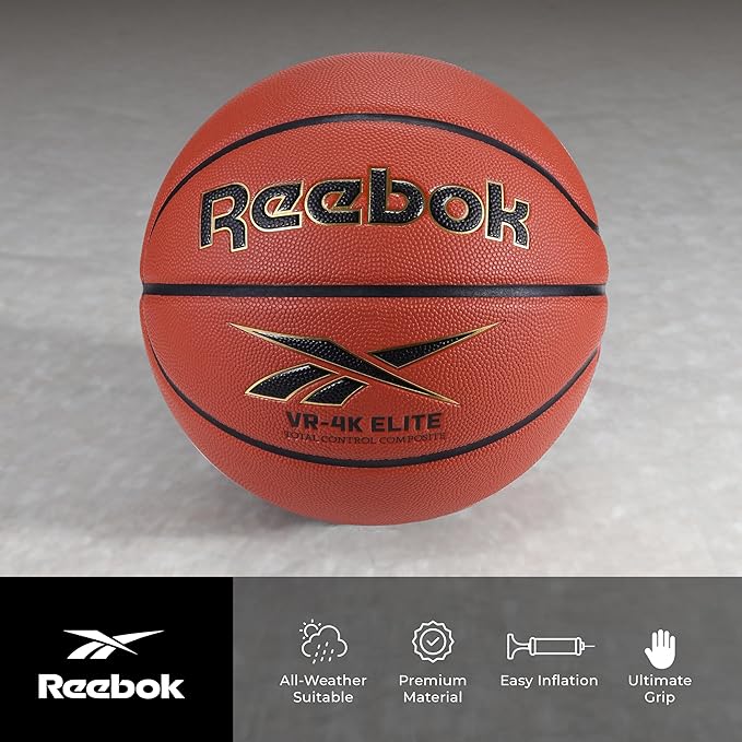Reebok Elite Basketball, Official Size, Composite Leather, Anti-Slip Grip, Consistent Shape Retention, Includes Pump & Needle, VR-4K Series