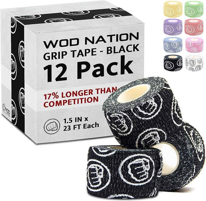WOD Nation Flexible Hook-Grip Athletic Tape – Easy-Tear, Sweat-Proof Thumb & Finger Strips for Weightlifting