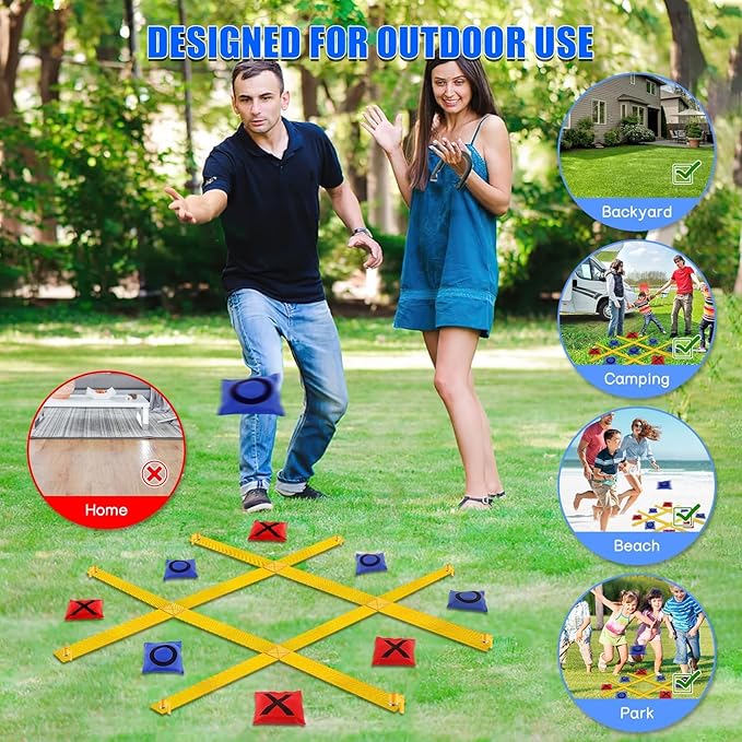 Giant Tic Tac Toe Strap Game Outdoor, 4 Ft X 4 Ft Portable Tic Tac Toe Bean Bag Toss Game, Large Yard Toss Game Tic Tac Toss Across Camping Games for Kids & Families