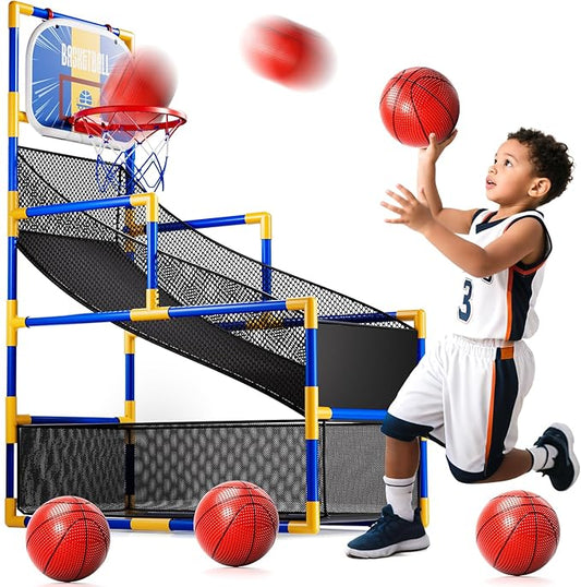 Kids Arcade Basketball Game Set with 4 Balls and Air Pump, Indoor Outdoor Basketball Hoop Sports Toy Gifts for Kids Boys Girls 3-12 Years Old, Ideal for Competition and Carnival Party Games