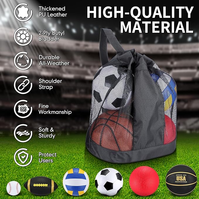 Libima 6 Pcs Multi Sport Ball Set Official Size Football, Basketball, Soccer, Volleyball, Playground Ball, Baseball with Sports Equipment Bag Pump for Teen Adult Back to School