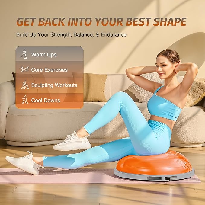 ZELUS 25in. Balance Ball | 660lb Inflatable Half Exercise Ball Wobble Board Balance Trainer w Nonslip Base | Half Yoga Ball Strength Training Equipment w 2 Bands, Pump, Extra Ball Included