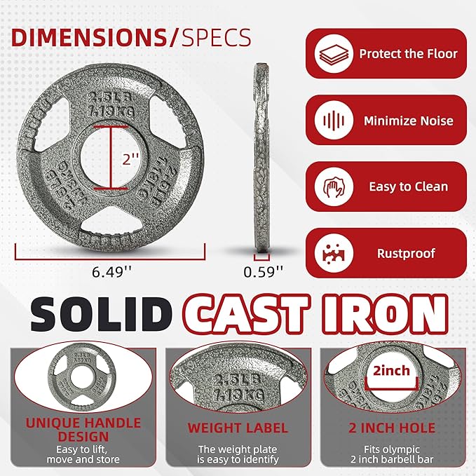 Cast Iron Gym Weight Plates | 1" and 2" Olympic Bumper Plates for Weightlifting, CrossFit, Deadlift, and Squat
