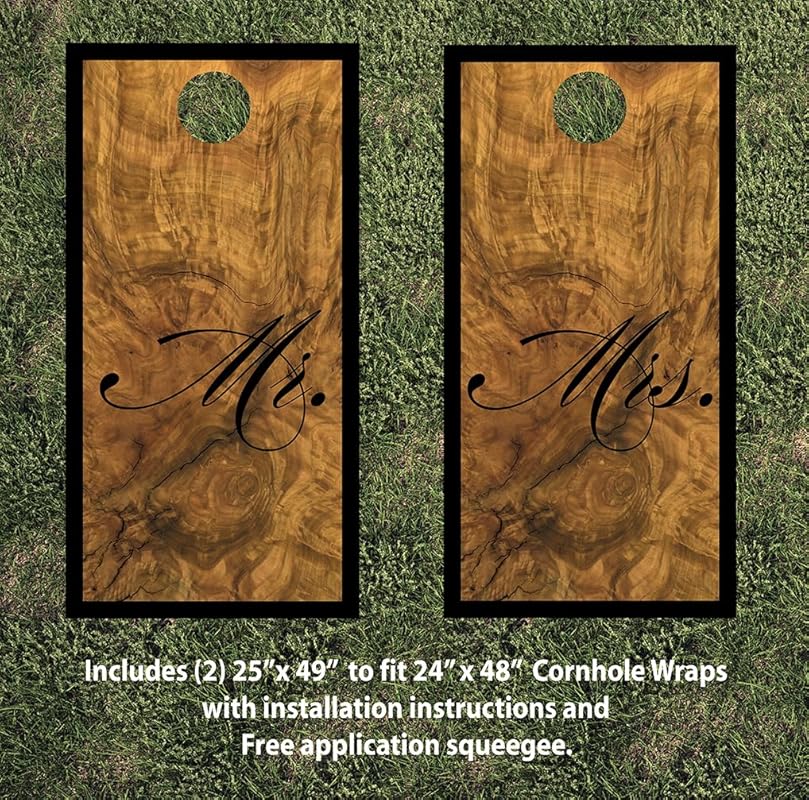 Cornhole Board Wraps 529 - Mr. & Mrs. Wood Wedding Cornhole Game Graphic Decals - Includes Application Squeegee - Set of (2) 25" x 49" Wraps with Gloss Laminate