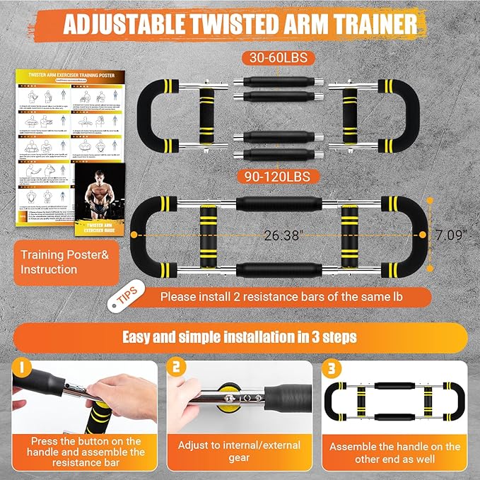 Twister Arm Trainer for Men, 6 Adjustable Resistance Levels(30-120 lb) Chest Trainer with 4 Spring & Training Poster, Chest Workout Equipment for Chest Clip Muscle & Arm Strength